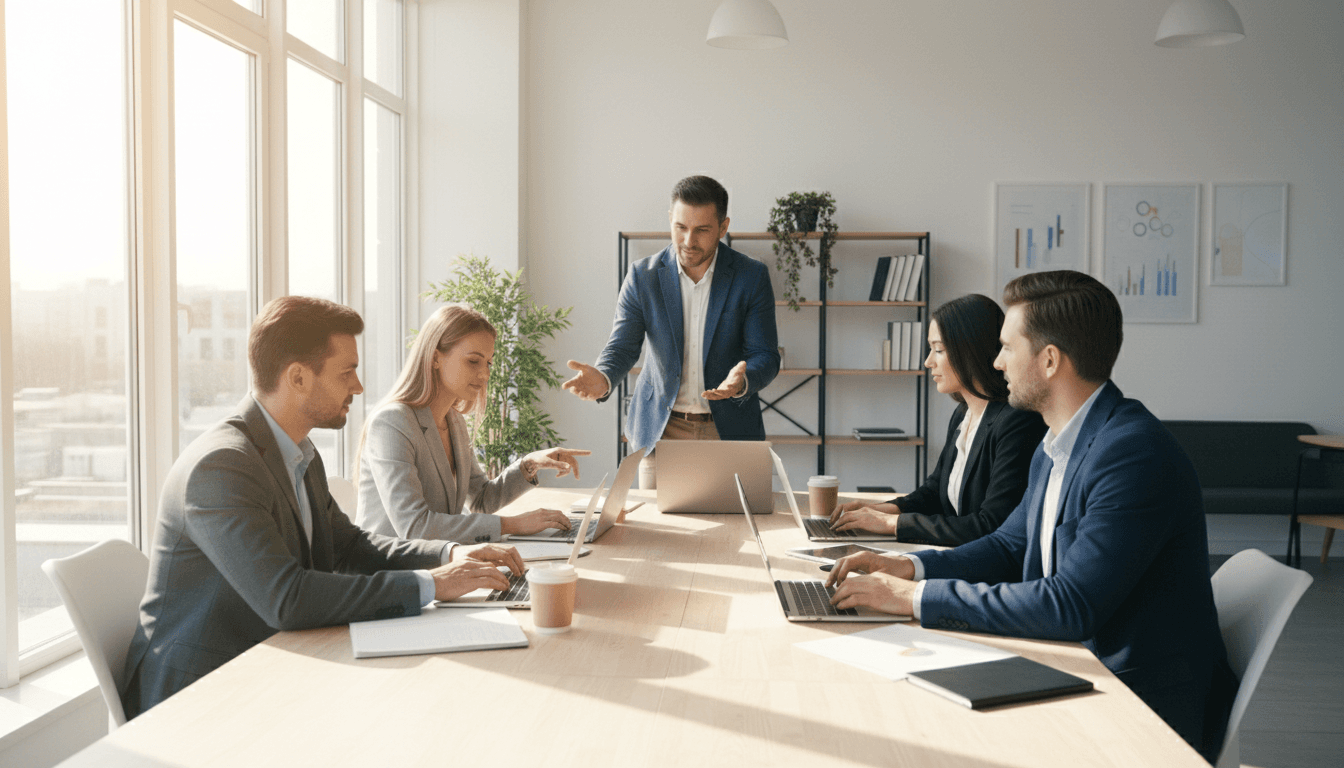 Business team working on laptops in a modern office with natural lighting.