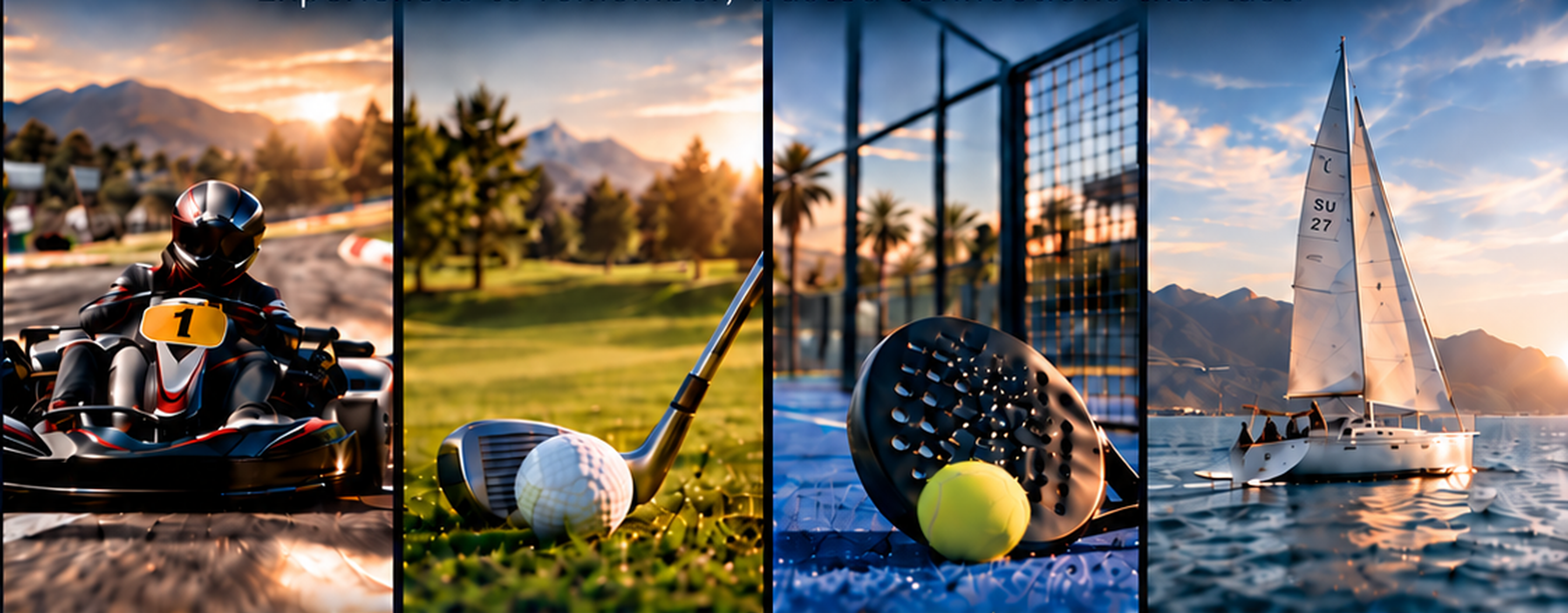 Four panels depicting go-karting, golf, padel, and sailing against beautiful mountain and sunset backdrops.